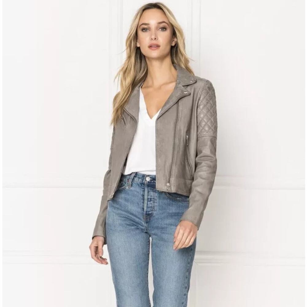 Lamarque‎ Gravel Marila Quilted Lamb Leather Moto Jacket Gray Womens Large New